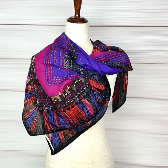 Albert Nipon Wool Square Scarf Purple Multicolor Persian Motifs Excellent 38x38 - Picture 8 of 16